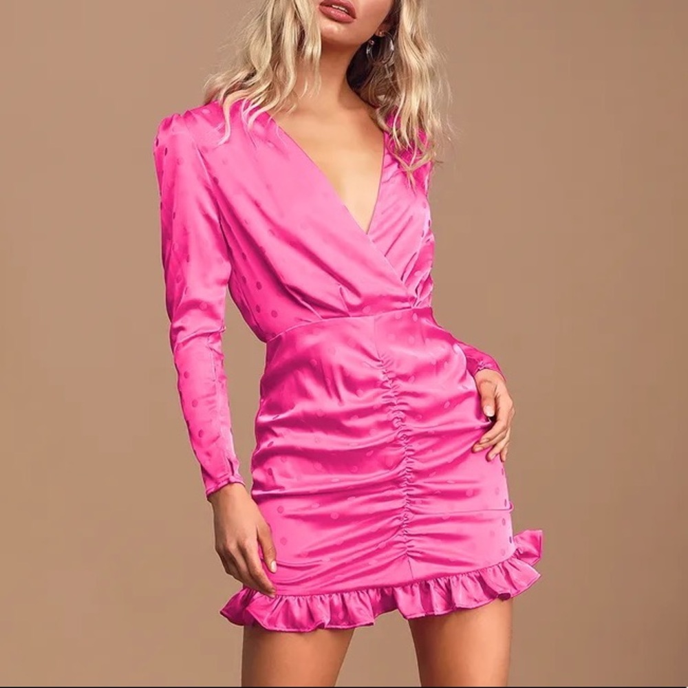 NWT WAYF Phoenix Magenta Jacquard Satin Polka Dot Long Sleeve Mini Dress Size L